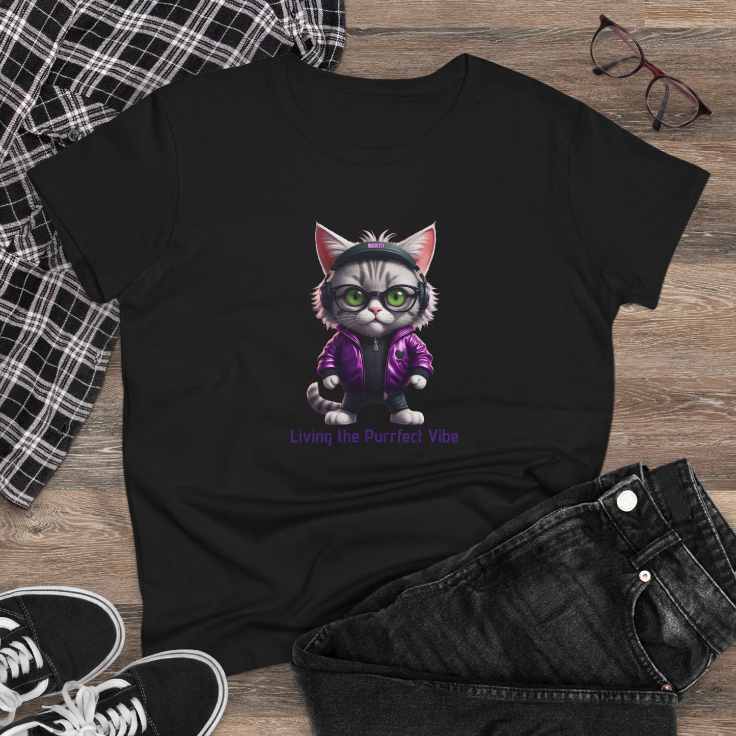 Vibe Kitty, Living the Purrfect Vibe - Casual Women's Shirt, Gift for Cat and Animal Lovers, Fun Everyday Wear, Cute Summer Top, Animal Lover Tee, Unique Fashion