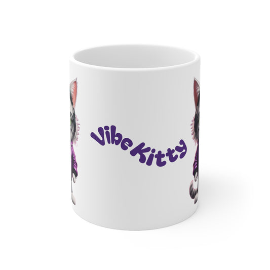 Vibe Kitty Cool Cat Groove Ceramic Mug, Gift for Cat Lovers White Ceramic 11oz