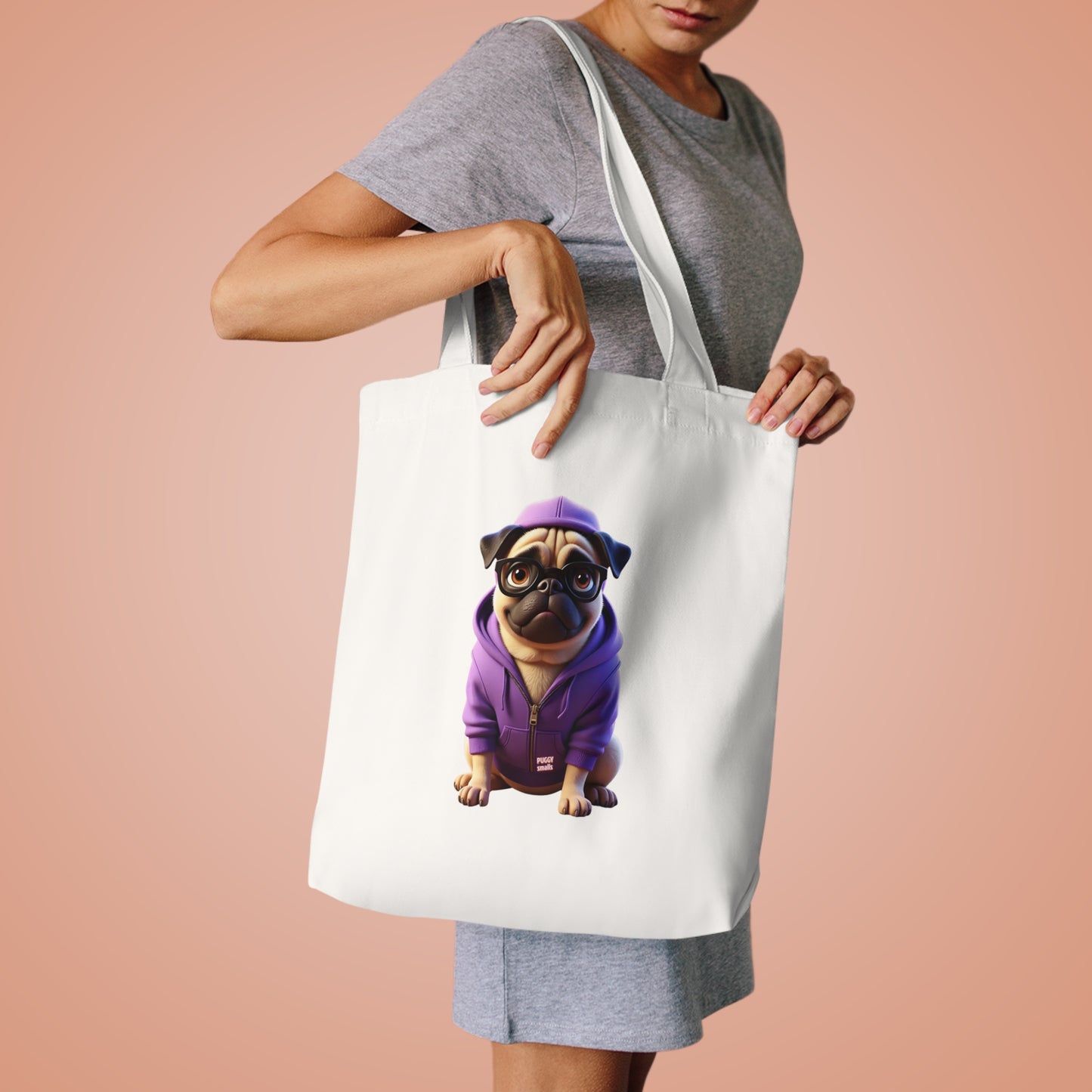 Puggy Smalls Cute Pug Cotton Tote Bag, Fun Pet Lover Gift, Eco-Friendly Shopping Bag, Dog-Themed Bag, Tote for Dog Owners, Unique Pet Merchandise