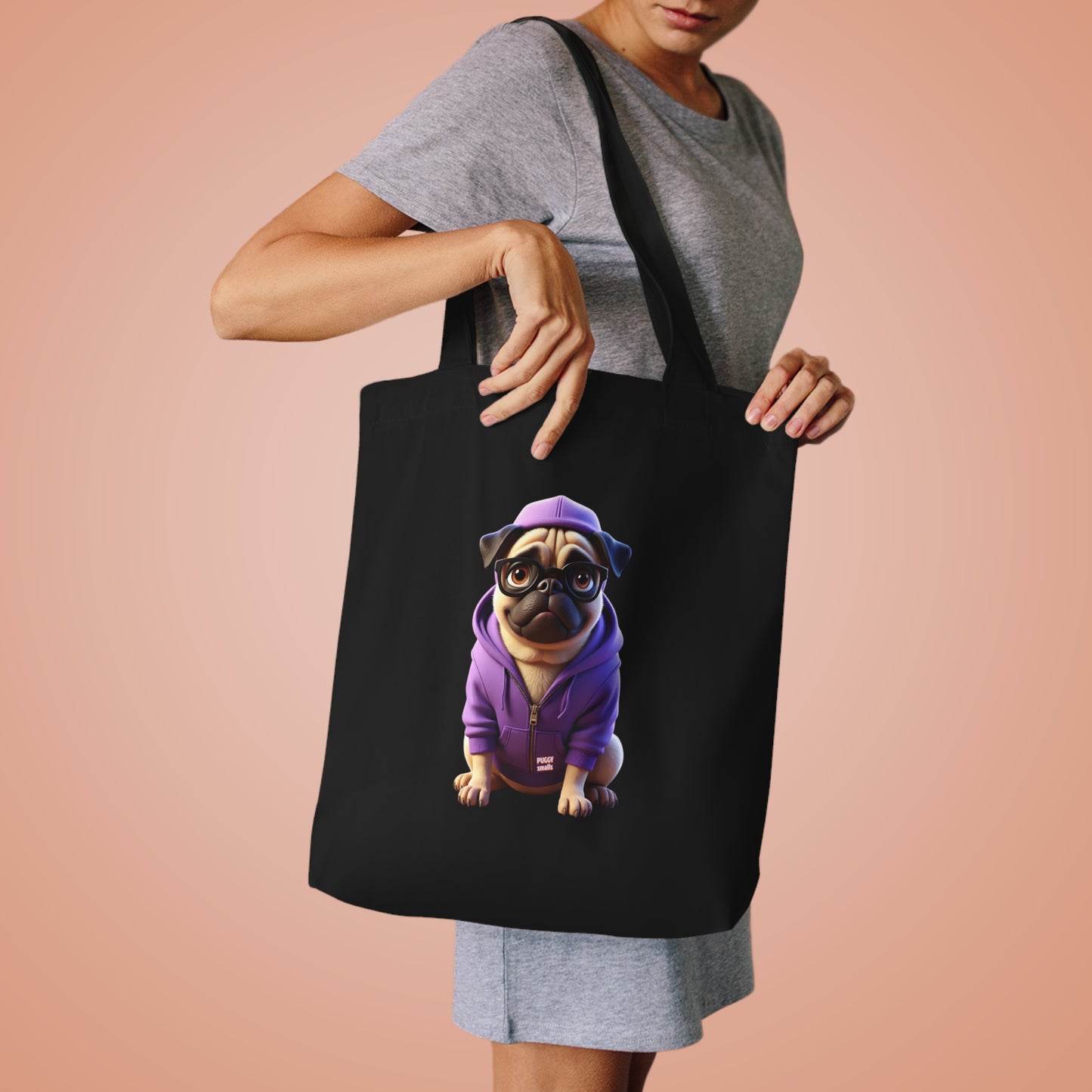 Puggy Smalls Cute Pug Cotton Tote Bag, Fun Pet Lover Gift, Eco-Friendly Shopping Bag, Dog-Themed Bag, Tote for Dog Owners, Unique Pet Merchandise