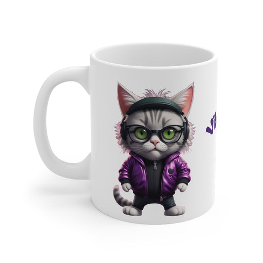 Vibe Kitty Cool Cat Groove Ceramic Mug, Gift for Cat Lovers White Ceramic 11oz