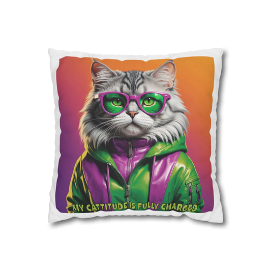 Square Pillowcase Cool Cats with Tude Design - "My Cattitude is fully charged"