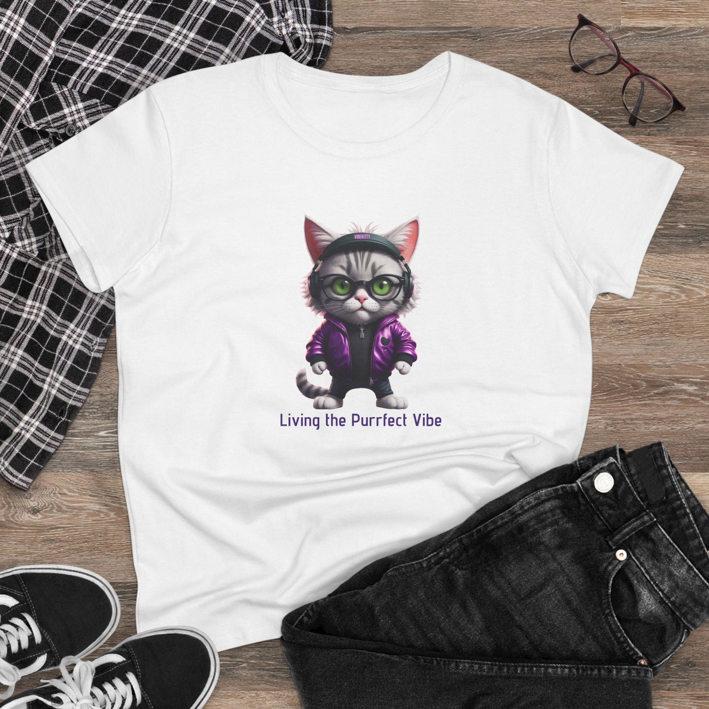 Vibe Kitty, Living the Purrfect Vibe - Casual Women's Shirt, Gift for Cat and Animal Lovers, Fun Everyday Wear, Cute Summer Top, Animal Lover Tee, Unique Fashion